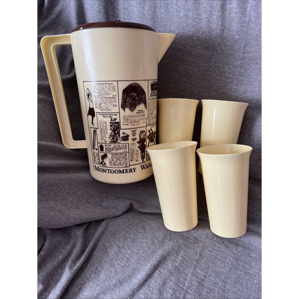 Vintage Montgomery Ward Plastic Pitcher 4 Cups MCM Pale Yellow Cream Brown
